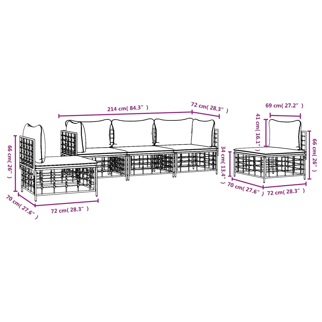 Σαλόνι Κήπου Σετ 5 Τεμαχίων Ανθρακί Συνθετικό Ρατάν & Μαξιλάρια