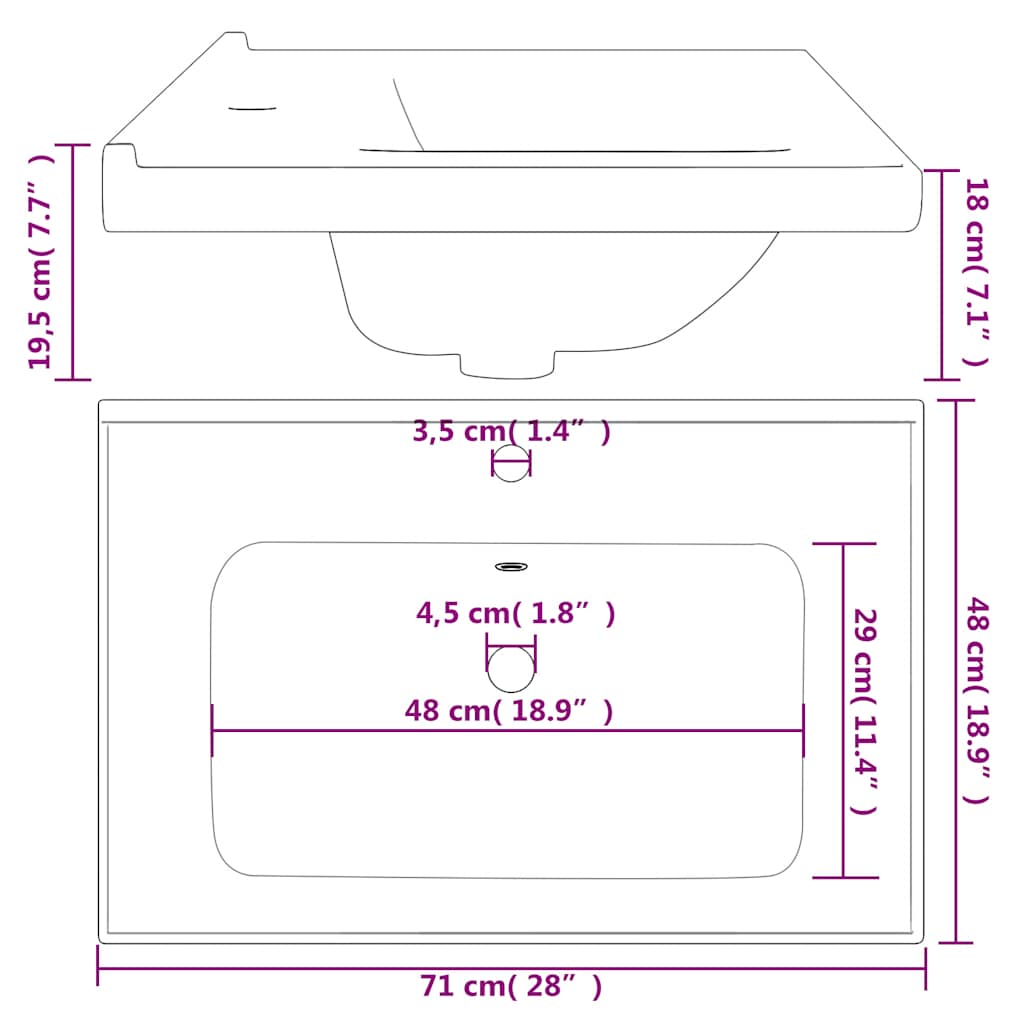 Νιπτήρας Μπάνιου Ορθογώνιος Λευκός 71 x 48 x 19,5 εκ. Κεραμικός