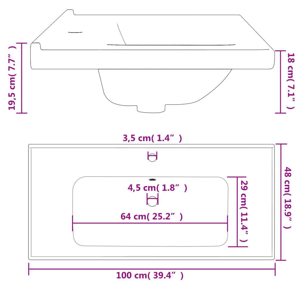 Νιπτήρας Μπάνιου Ορθογώνιος Λευκός 100 x 48 x 19,5εκ. Κεραμικός