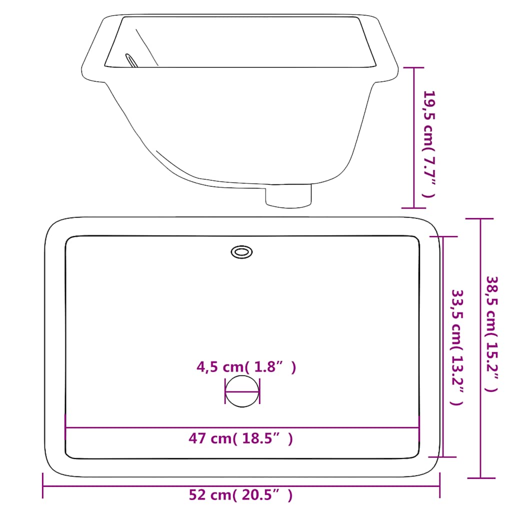 Νιπτήρας Μπάνιου Ορθογώνιος Λευκός 52x38,5x19,5 εκ. Κεραμικός