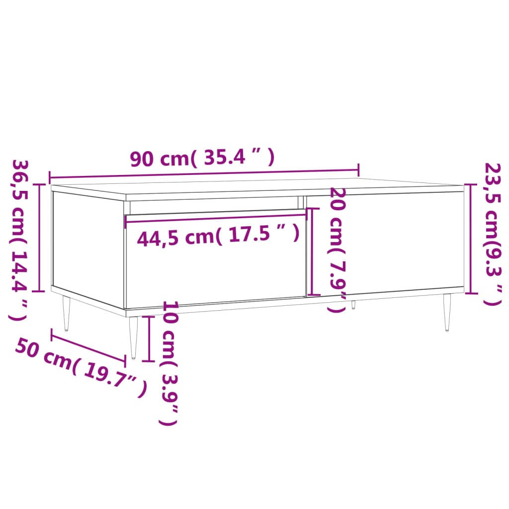 Τραπεζάκι Σαλονιού Γυαλ. Λευκό 90x50x36,5 εκ. Επεξεργ. Ξύλο