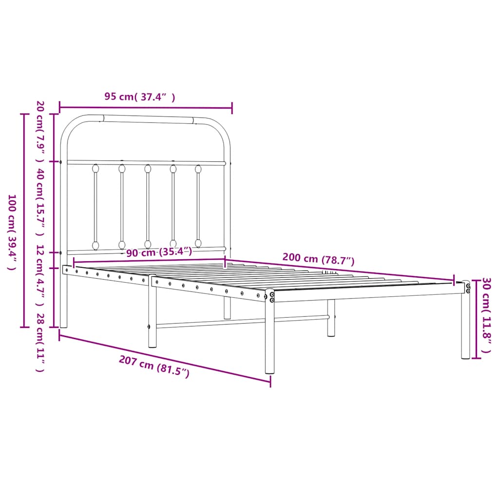 Πλαίσιο Κρεβατιού με Κεφαλάρι Μαύρο 90 x 200 εκ. Μεταλλικό - Pakobazaar