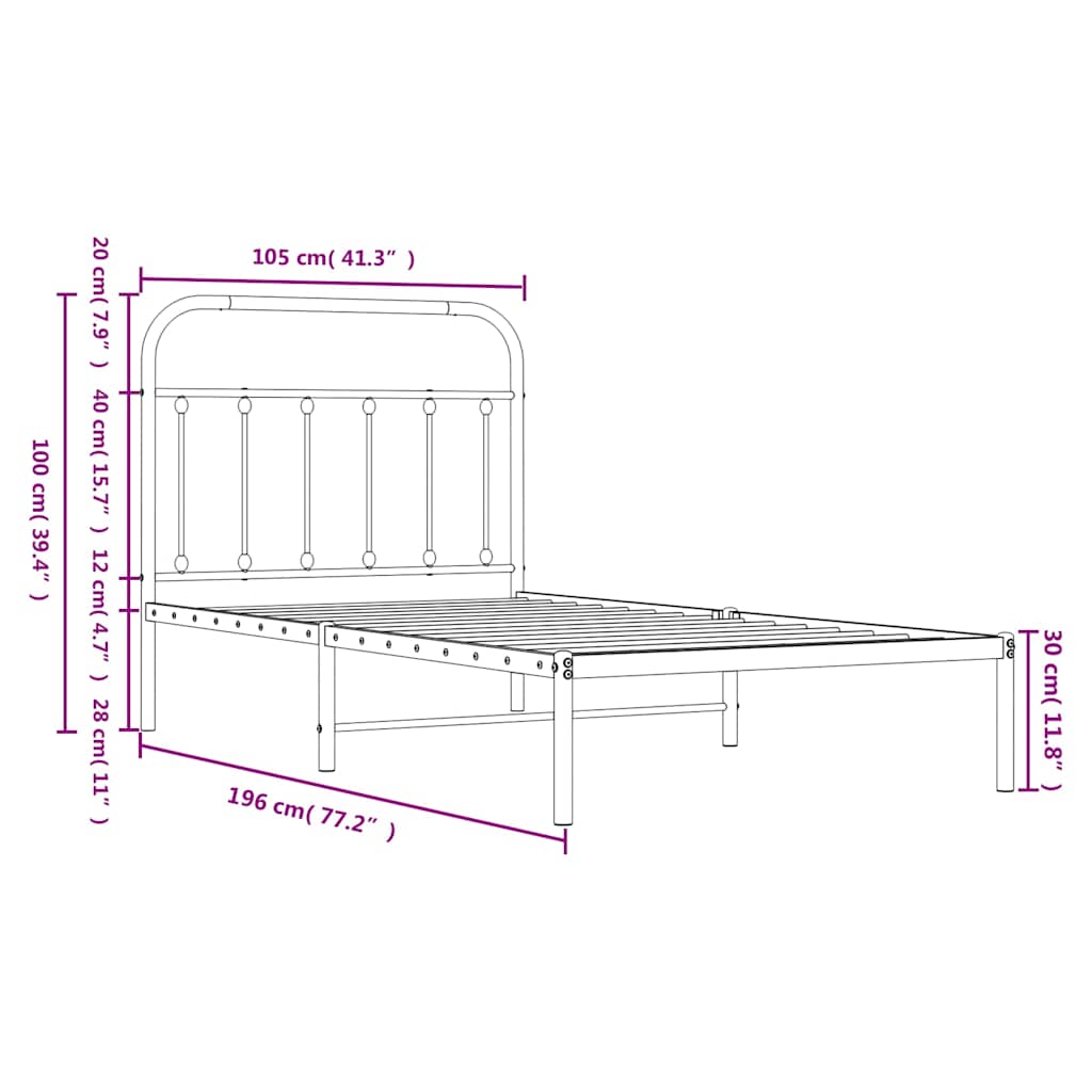 Πλαίσιο Κρεβατιού με Κεφαλάρι Λευκό 100x190 εκ. Μεταλλικό