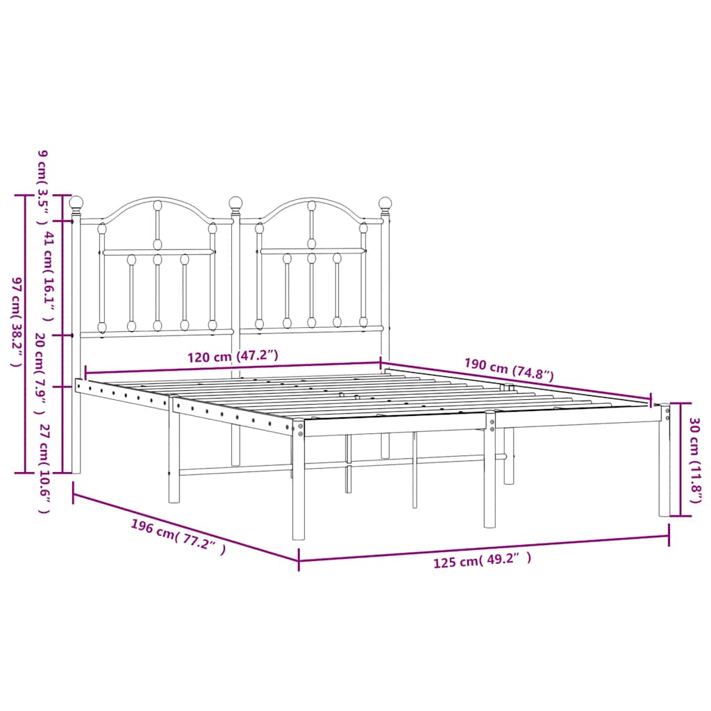 Πλαίσιο Κρεβατιού με Κεφαλάρι Μαύρο 120 x 190 εκ. Μεταλλικό
