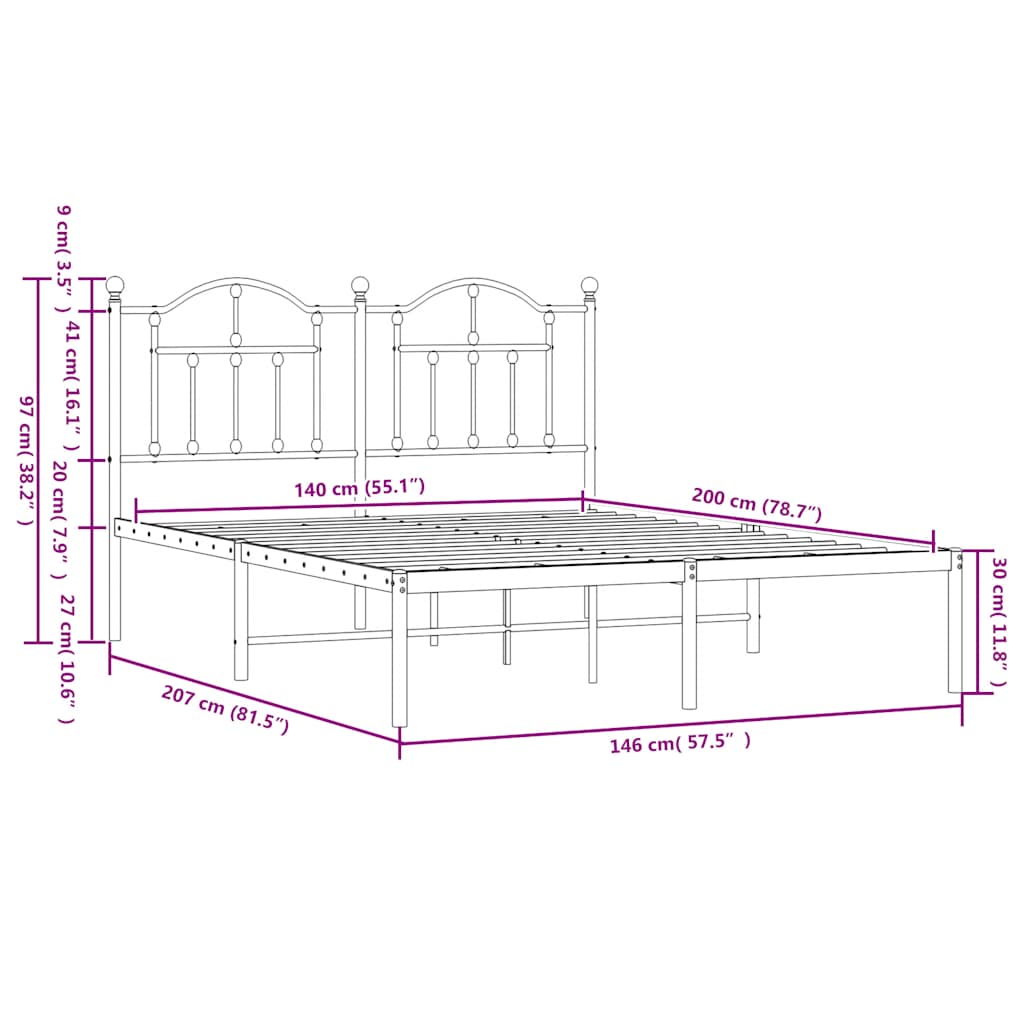 Πλαίσιο Κρεβατιού με Κεφαλάρι Μαύρο 140 x 200 εκ. Μεταλλικό