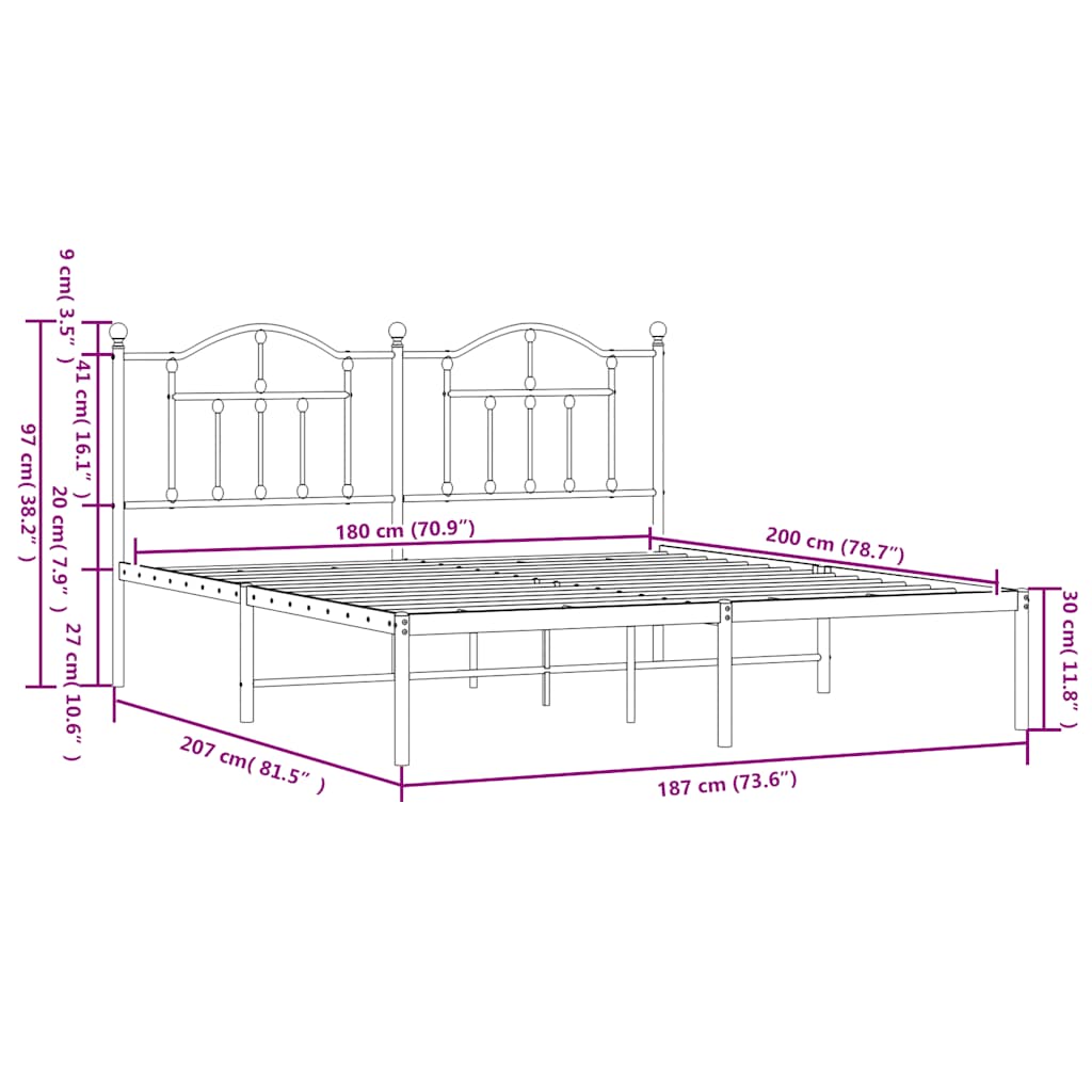 Πλαίσιο Κρεβατιού με Κεφαλάρι Μαύρο 180 x 200 εκ. Μεταλλικό