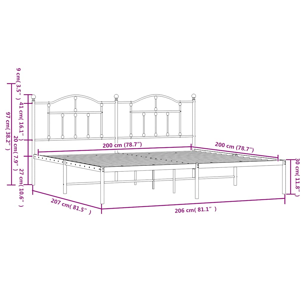 Πλαίσιο Κρεβατιού με Κεφαλάρι Μαύρο 200 x 200 εκ. Μεταλλικό