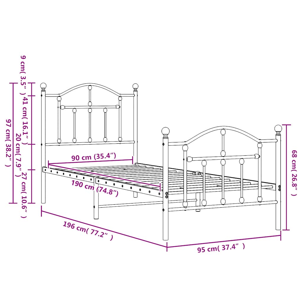 Πλαίσιο Κρεβατιού με Κεφαλάρι/Ποδαρικό Λευκό 90x190 εκ. Μέταλλο - Pakobazaar