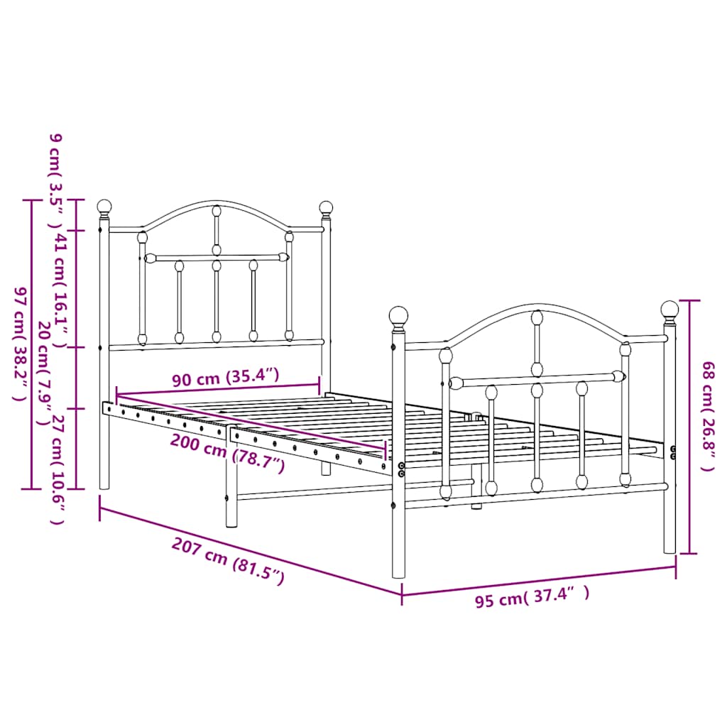 Πλαίσιο Κρεβατιού με Κεφαλάρι/Ποδαρικό Λευκό 90x200 εκ. Μέταλλο