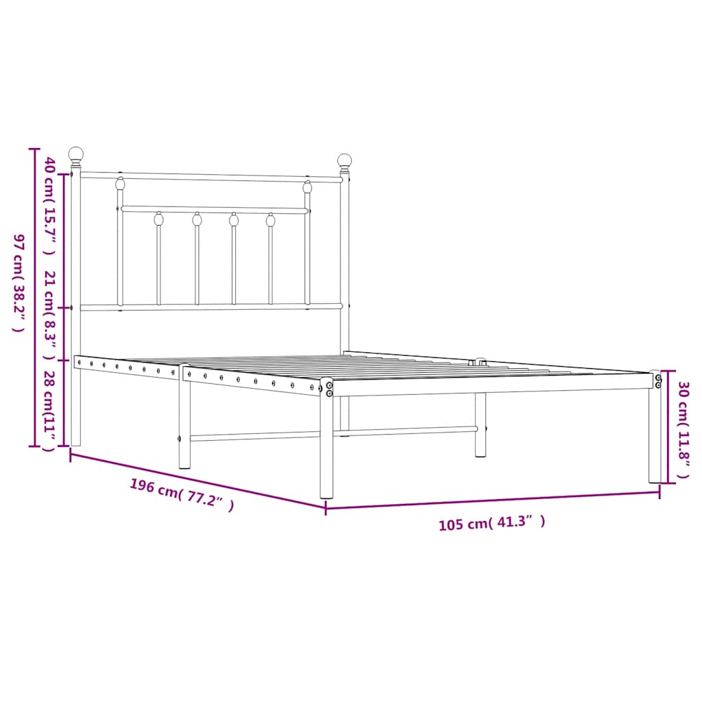 Πλαίσιο Κρεβατιού με Κεφαλάρι Μαύρο 100 x 190 εκ. Μεταλλικό