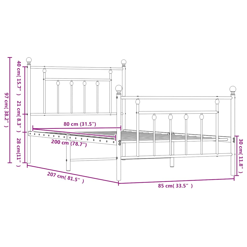 Πλαίσιο Κρεβατιού με Κεφαλάρι/Ποδαρικό Μαύρο 80x200 εκ. Μέταλλο