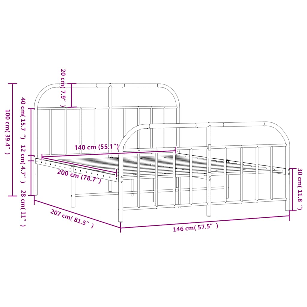 Πλαίσιο Κρεβατιού με Κεφαλάρι&Ποδαρικό Μαύρο 140x200εκ. Μέταλλο