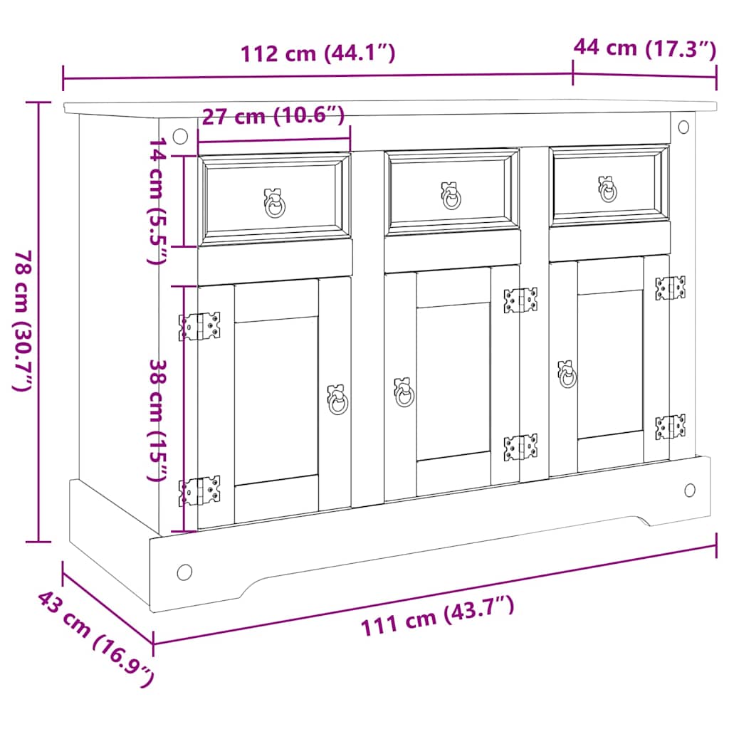 Μπουφές "Corona" Καφέ 112x44x78 εκ. από Μασίφ Ξύλο Μεξικανικού Πεύκου - Pakobazaar