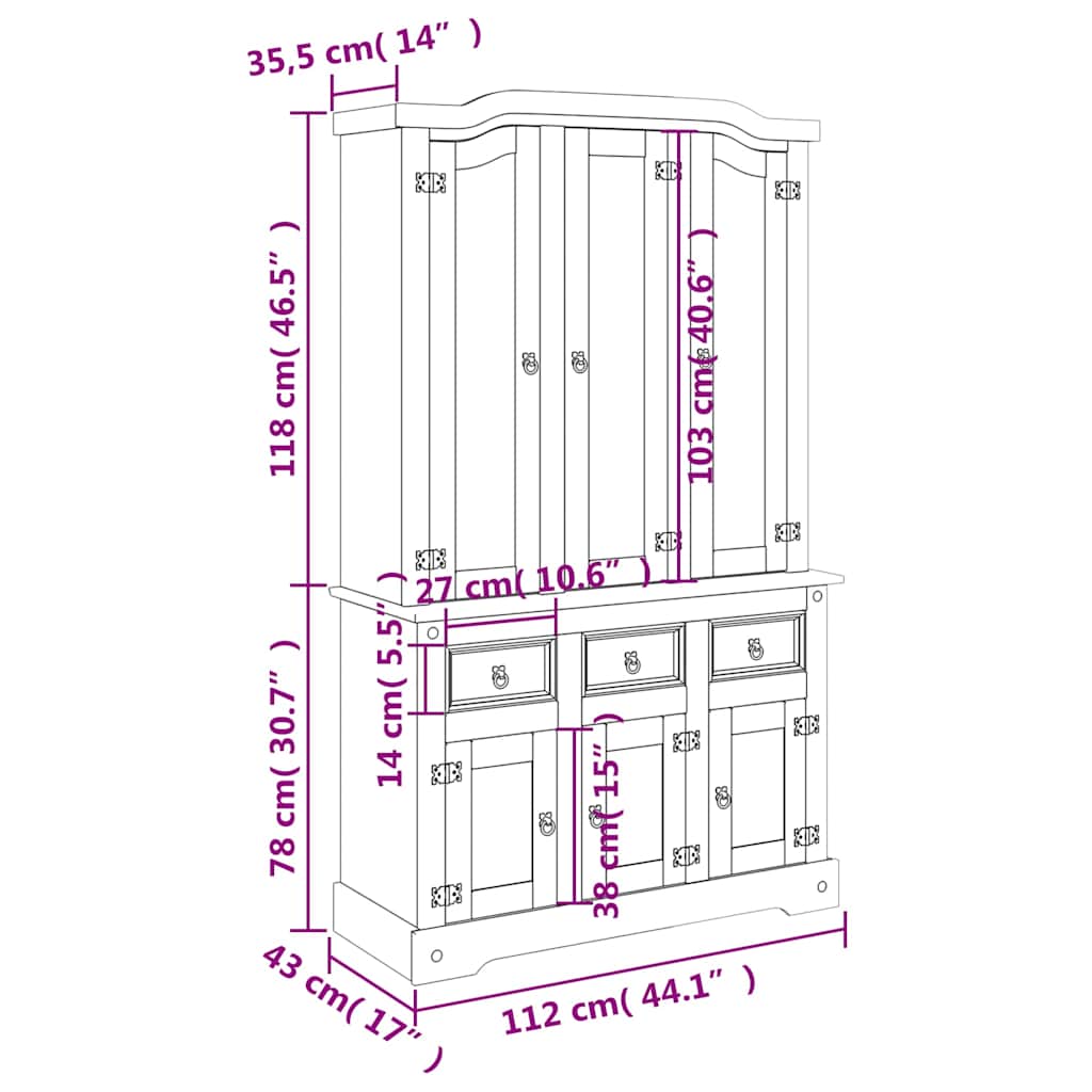 Βιτρίνα Corona Καφέ 112x43x196εκ. Μασίφ Ξύλο Μεξικάνικου Πεύκου