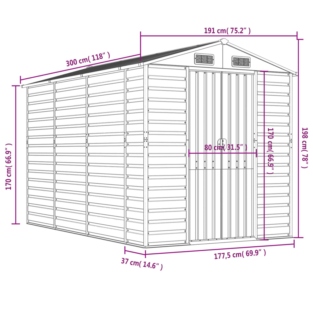 Αποθήκη Κήπου Πράσινη 191 x 300 x 198 εκ. από Γαλβανισμένο Ατσάλι