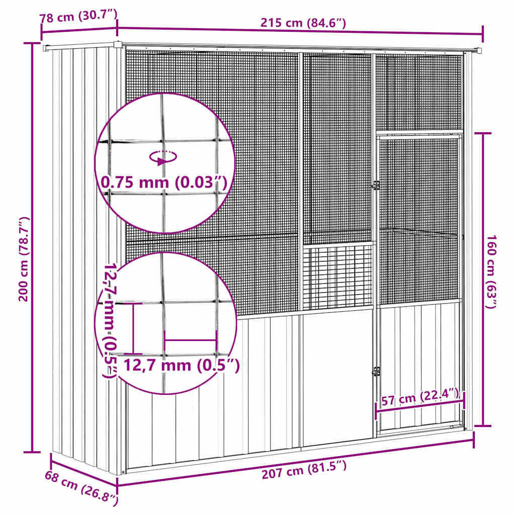Κλουβί Πουλιών Ανθρακί 215x78x200 εκ. από Γαλβανισμένο Χάλυβα - PAKOBAZAAR