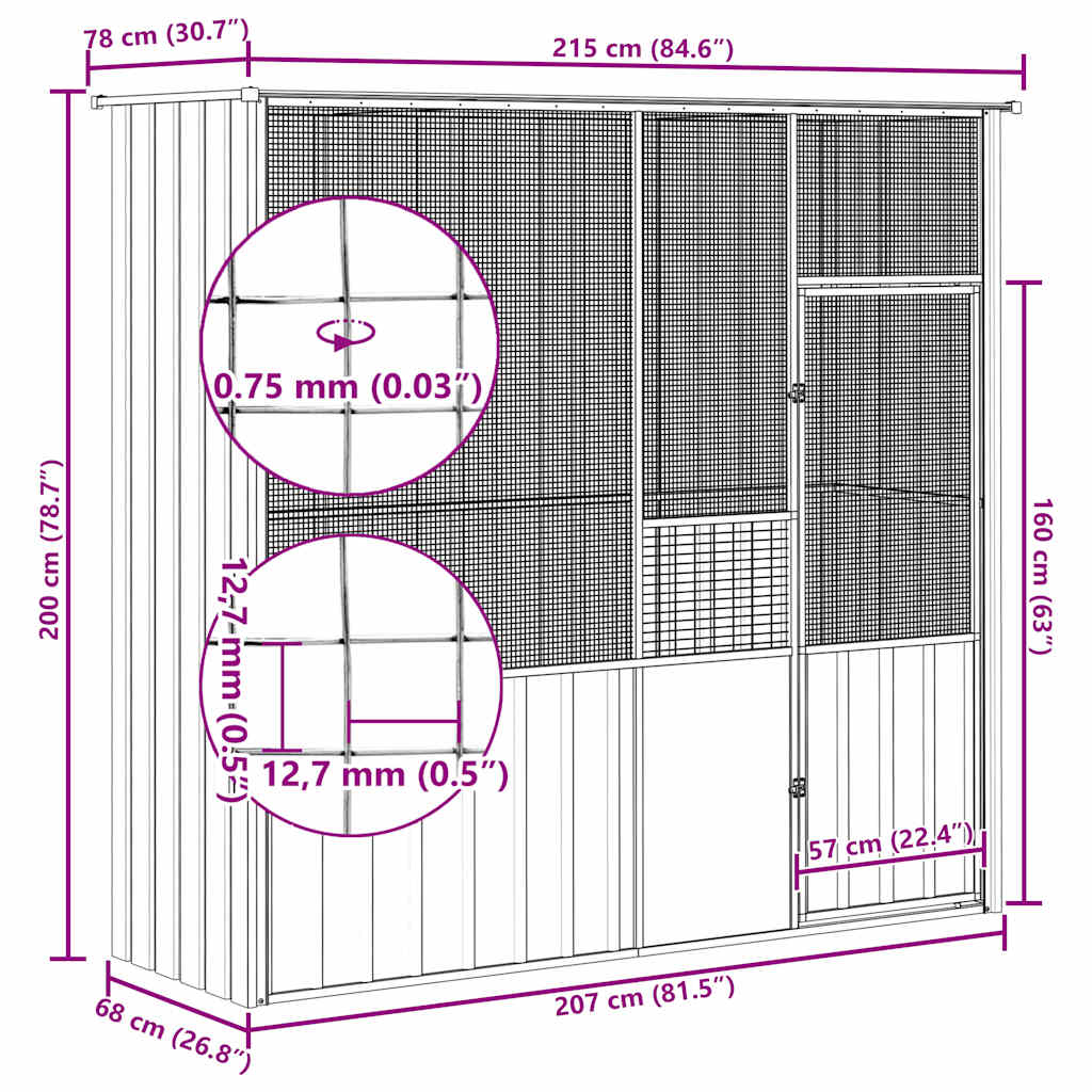 Κλουβί Πουλιών Γκρι 215 x 78 x 200 εκ. από Γαλβανισμένο Χάλυβα - PAKOBAZAAR