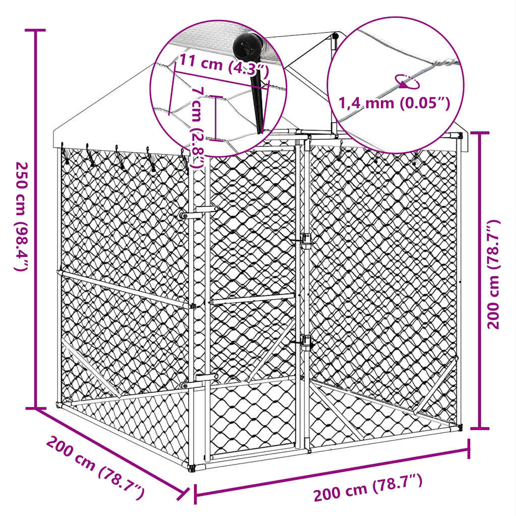 Κλουβί Σκύλου Εξ. Χώρου με Οροφή Ασημί 2x2x2,5 μ. Γαλβ. Ατσάλι - PAKOBAZAAR
