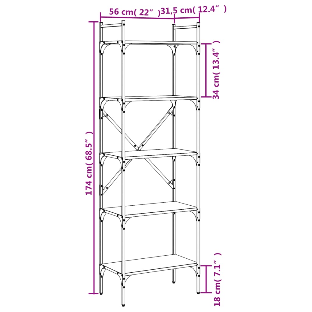 Βιβλιοθήκη 5 Επιπέδων Καφέ Δρυς 56x31,5x174 εκ. Επεξ. Ξύλο