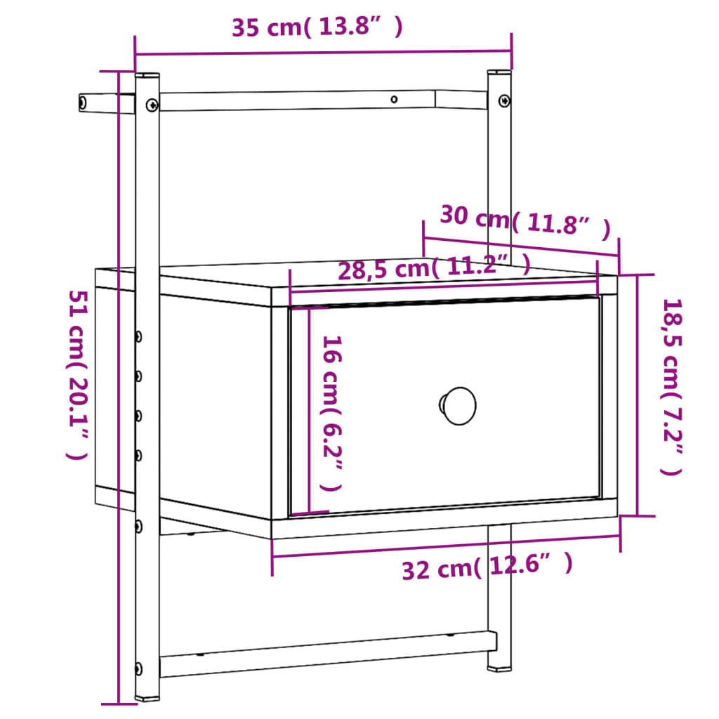 Κομοδίνο Επιτοίχιο Καπνιστή Δρυς 35x30x51 εκ. από Επεξεργ. Ξύλο
