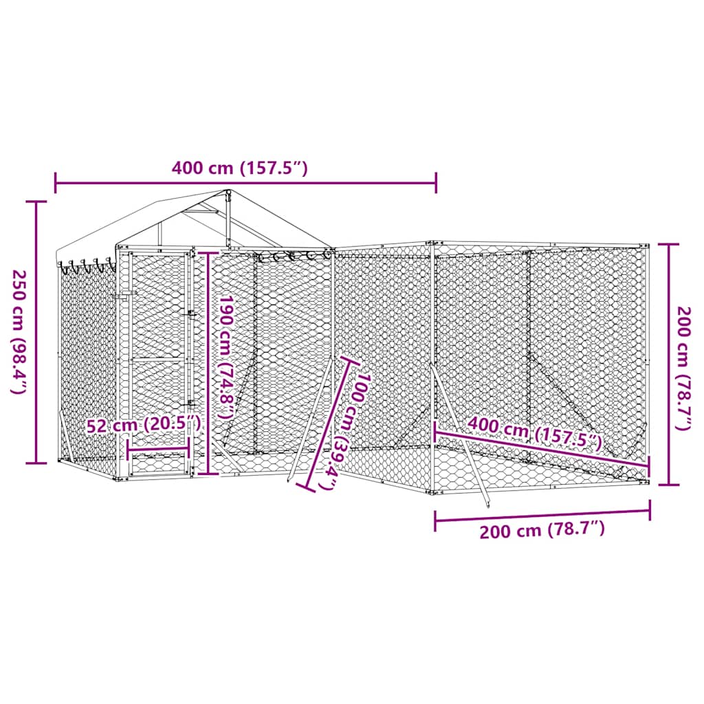 Κλουβί Σκύλου Εξ. Χώρου με Οροφή Ασημί 4x4x2,5 μ. Γαλβ. Ατσάλι