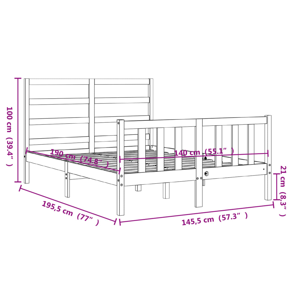 Πλαίσιο Κρεβατιού με Κεφαλάρι Γκρι 140 x 190 εκ. από Μασίφ Ξύλο