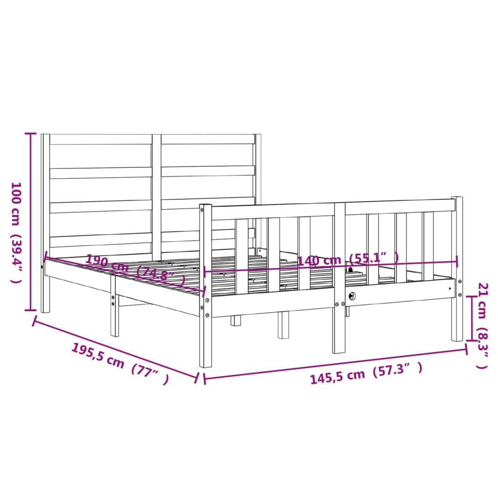 Πλαίσιο Κρεβατιού με Κεφαλάρι Μαύρο 140x190 εκ. Μασίφ Ξύλο - Pakobazaar