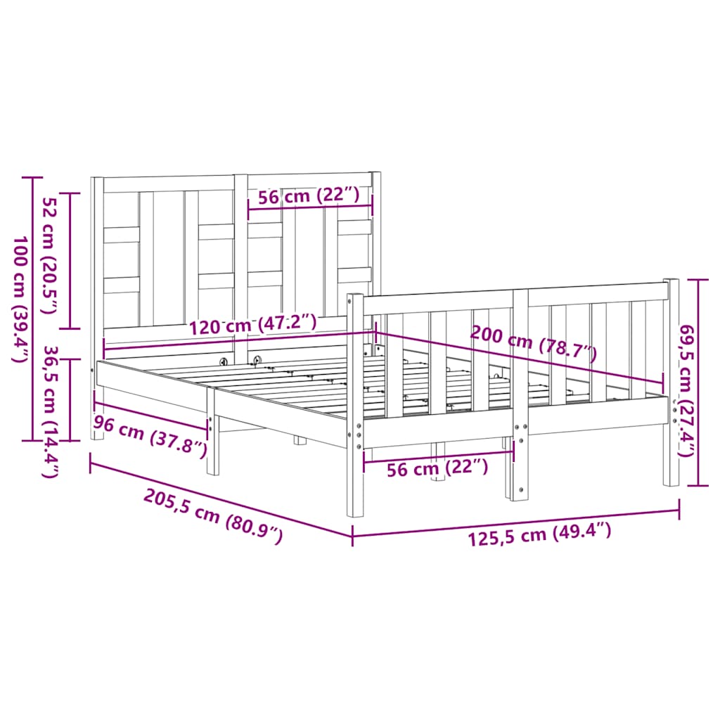 Πλαίσιο Κρεβατιού με Κεφαλάρι Μαύρο 120x200 εκ. Μασίφ Ξύλο