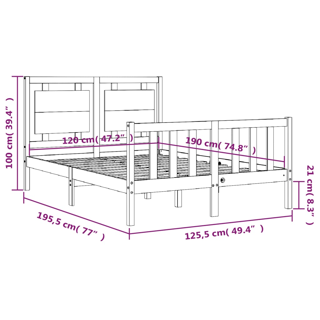 Πλαίσιο Κρεβατιού με Κεφαλάρι Γκρι Μασίφ Ξύλο Small Double