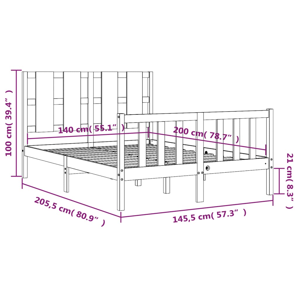 Πλαίσιο Κρεβατιού με Κεφαλάρι Μαύρο 140x200 εκ. Μασίφ Ξύλο