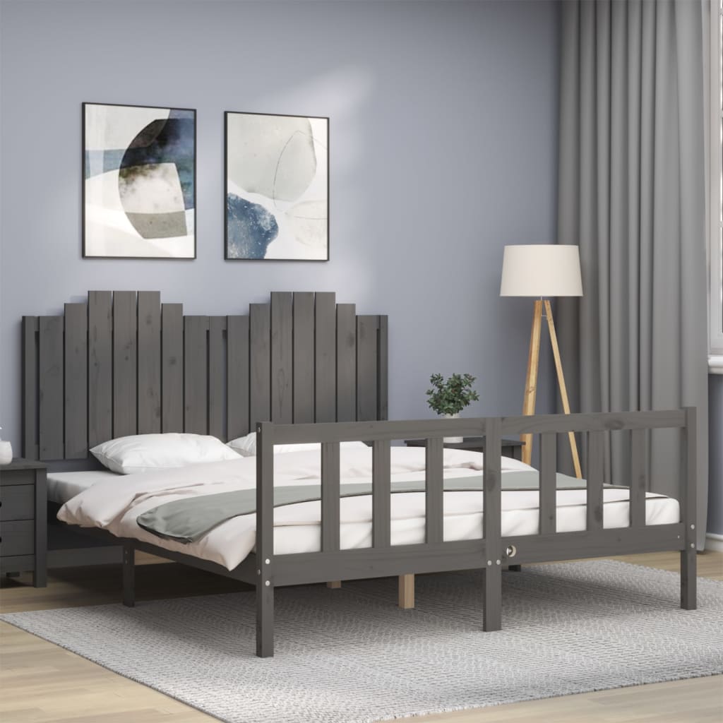 Πλαίσιο Κρεβατιού με Κεφαλάρι Γκρι 160x200 εκ Μασίφ Ξύλο - Pakobazaar