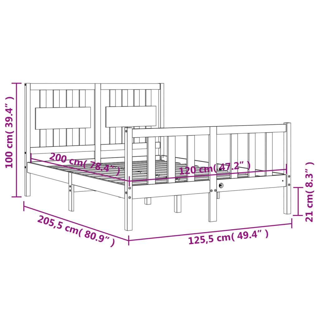 Πλαίσιο Κρεβατιού με Κεφαλάρι Μαύρο 120x200 εκ. Μασίφ Ξύλο