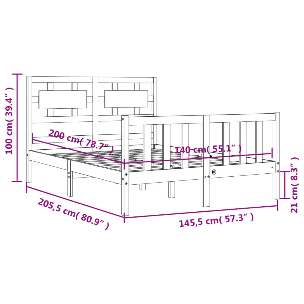 Πλαίσιο Κρεβατιού με Κεφαλάρι Γκρι 140x200 εκ. από Μασίφ Ξύλο