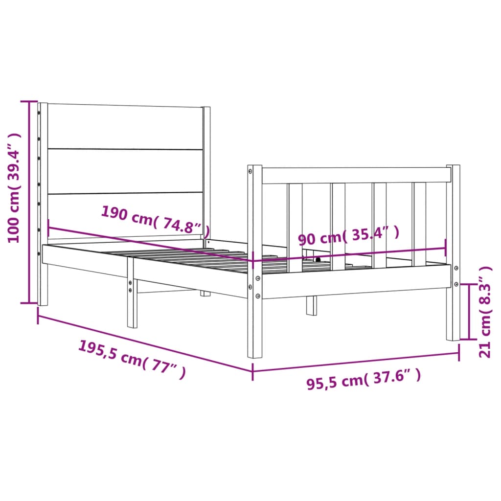 Πλαίσιο Κρεβατιού με Κεφαλάρι Μαύρο Μασίφ Ξύλο Single - Pakobazaar