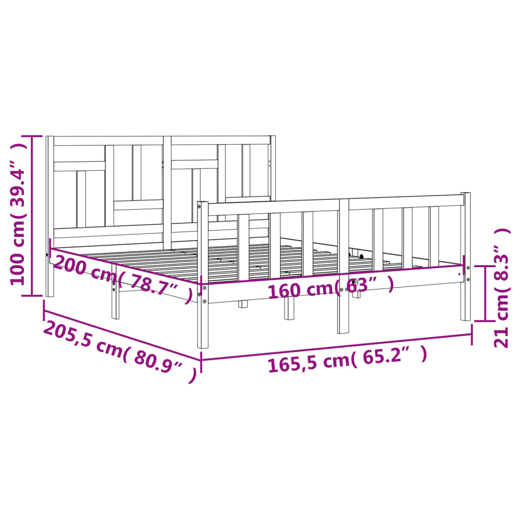 Πλαίσιο Κρεβατιού με Κεφαλάρι Γκρι 160x200 εκ Μασίφ Ξύλο