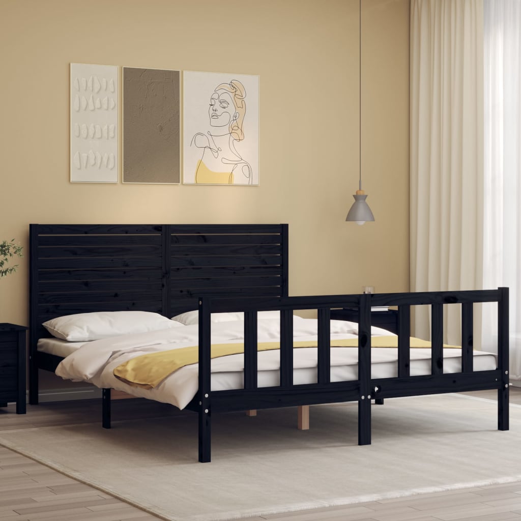 Πλαίσιο Κρεβατιού με Κεφαλάρι Μαύρο 160 x 200 εκ. Μασίφ Ξύλο