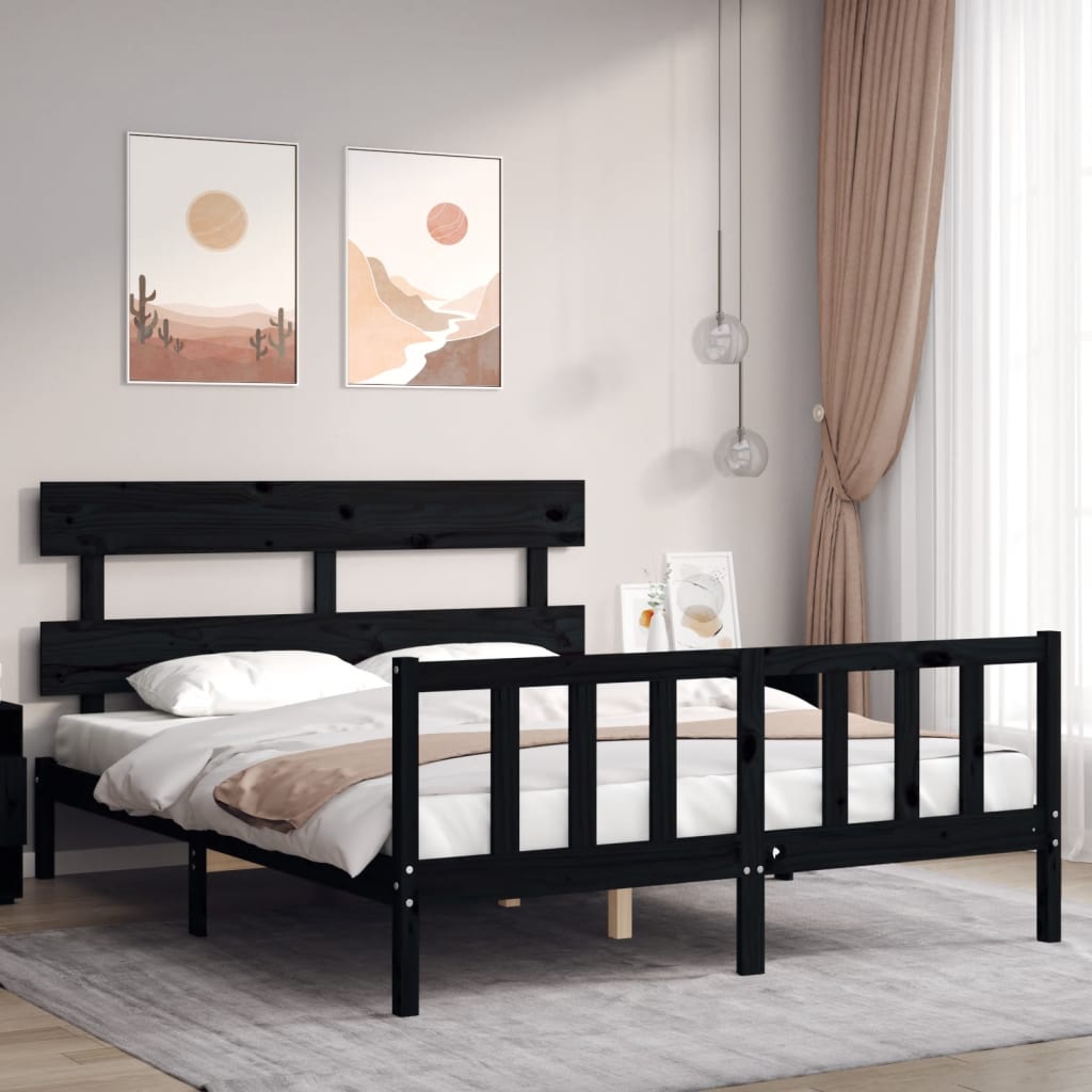 Πλαίσιο Κρεβατιού με Κεφαλάρι Μαύρο 160 x 200 εκ. Μασίφ Ξύλο - Pakobazaar