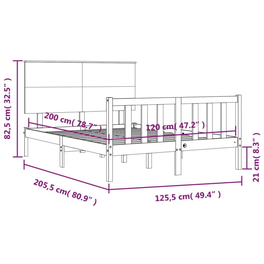 Πλαίσιο Κρεβατιού με Κεφαλάρι Μαύρο 120x200 εκ. Μασίφ Ξύλο