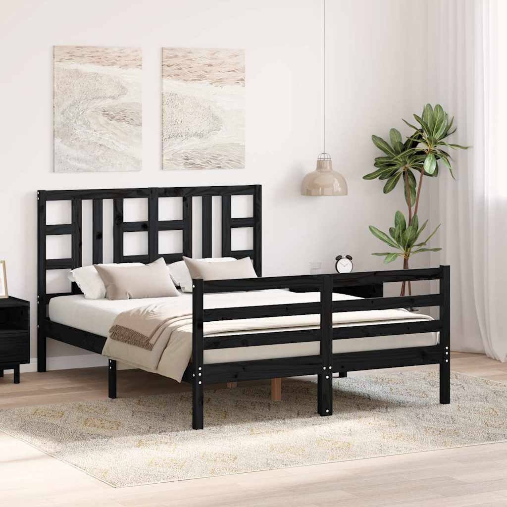 Πλαίσιο Κρεβατιού με Κεφαλάρι Μαύρο από Μασίφ Ξύλο Double