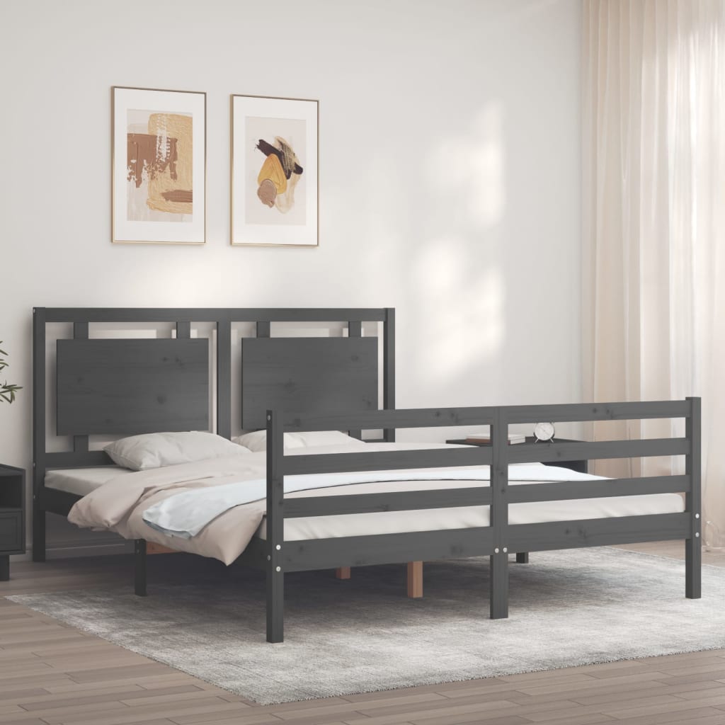 Πλαίσιο Κρεβατιού με Κεφαλάρι Γκρι Μασίφ Ξύλο King Size - Pakobazaar