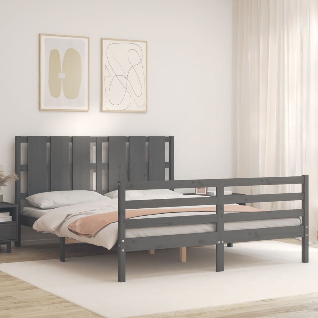 Πλαίσιο Κρεβατιού με Κεφαλάρι Γκρι 160x200 εκ Μασίφ Ξύλο