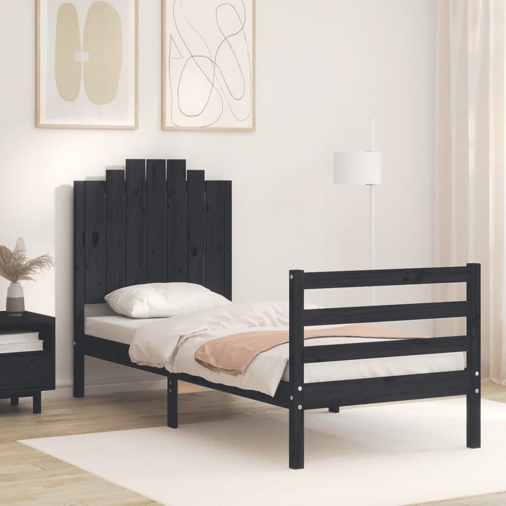 Πλαίσιο Κρεβατιού με Κεφαλάρι Μαύρο Μασίφ Ξύλο Small Single