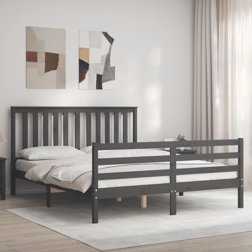 Πλαίσιο Κρεβατιού με Κεφαλάρι Γκρι 160x200 εκ Μασίφ Ξύλο - Pakobazaar