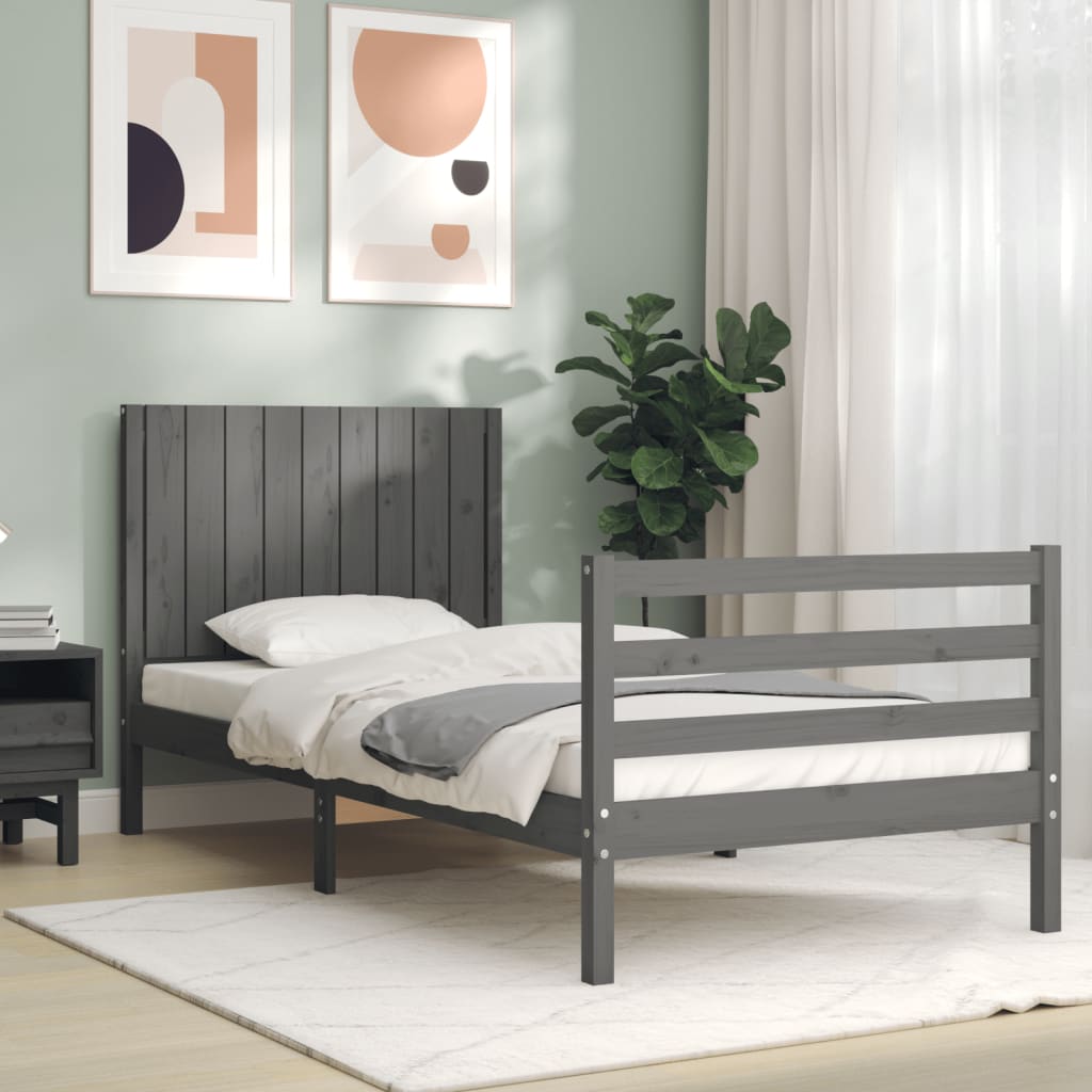 Πλαίσιο Κρεβατιού με Κεφαλάρι Γκρι από Μασίφ Ξύλο Single