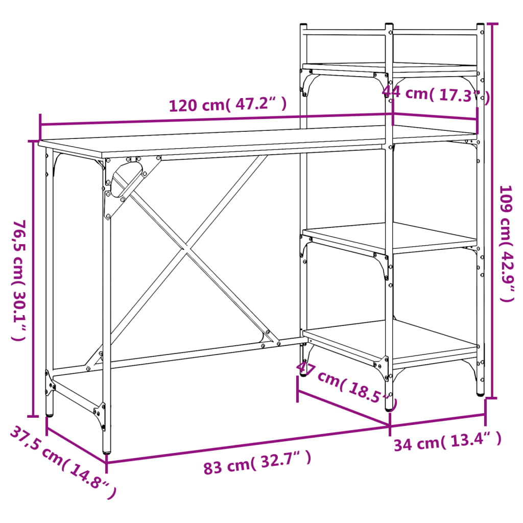 Γραφείο Υπολογιστή με Ράφια Γκρι Sonoma 120 x 47 x 109 εκ.