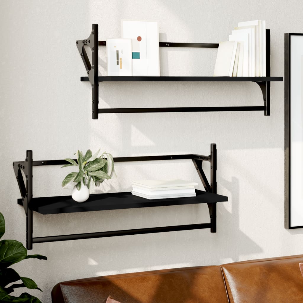 Ράφια Τοίχου με Μπάρα 2 τεμ. Μαύρα 65 x 25 x 30 εκ. - Pakobazaar