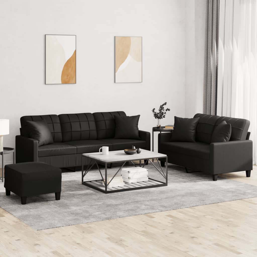 Πολυθρόνες Σετ 3 Τεμαχίων Μαύρο Συνθετικό Δέρμα με Μαξιλάρια - Pakobazaar