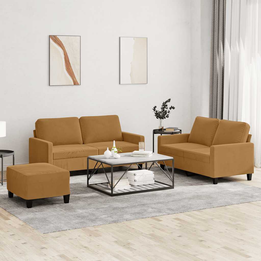 Πολυθρόνες Σετ 3 Τεμαχίων Καφέ από Βελούδο με Μαξιλάρια