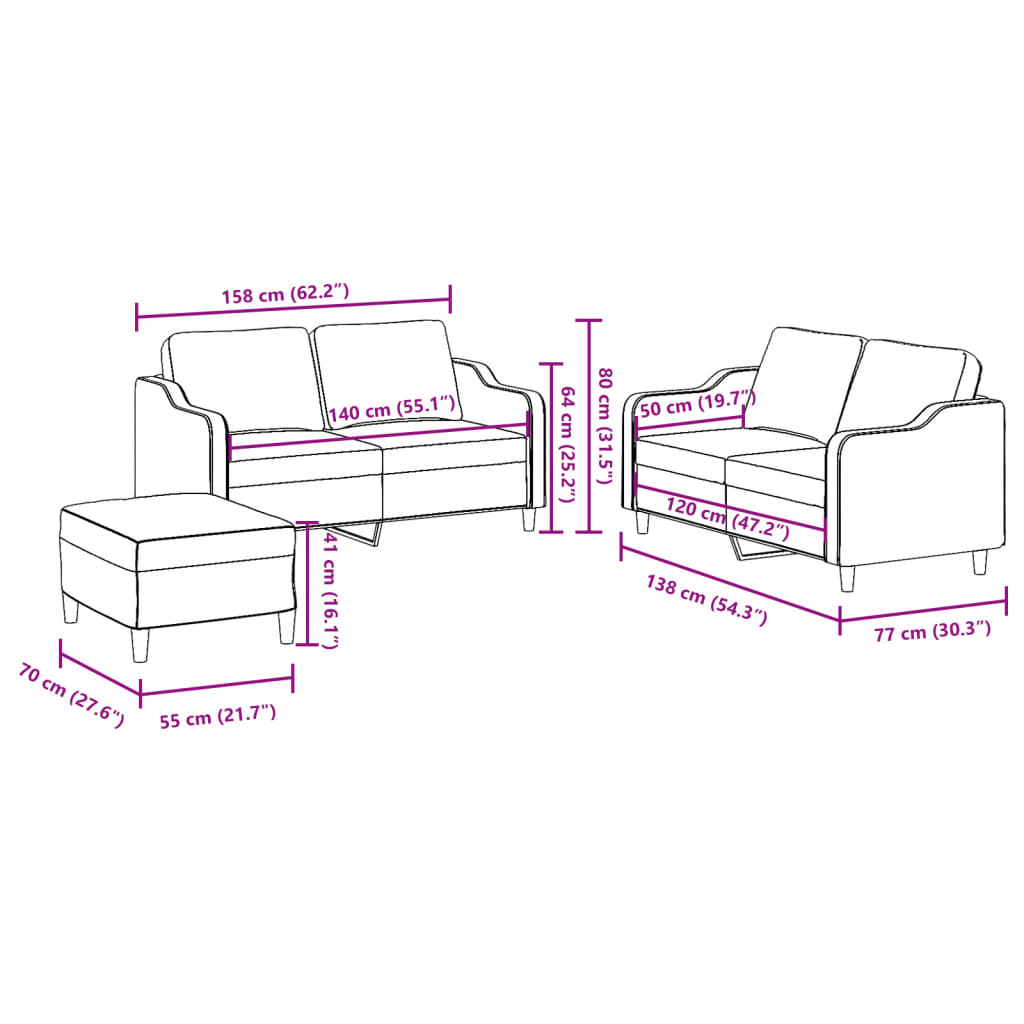 Πολυθρόνες Σετ 3 Τεμαχίων Μπορντό από Ύφασμα με Μαξιλάρια