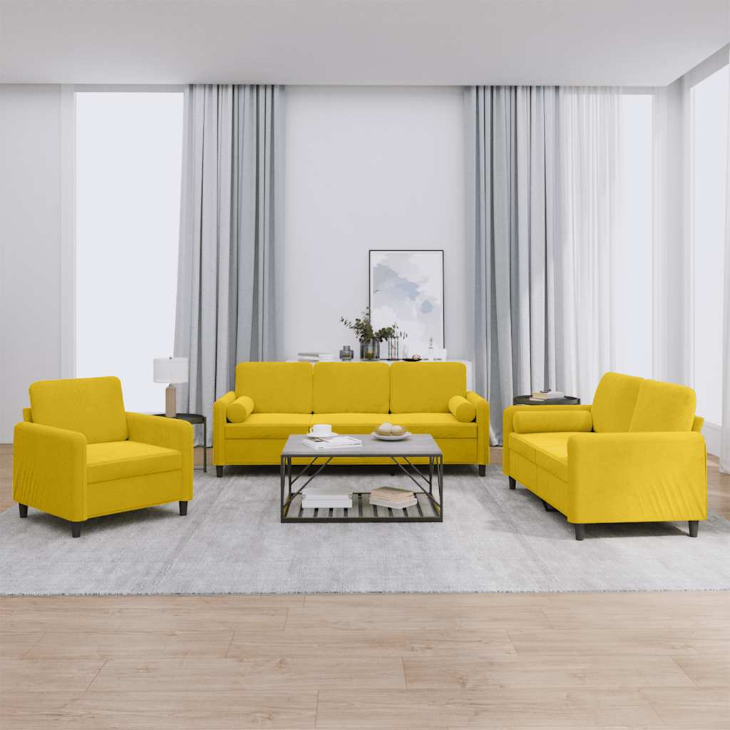 Σαλόνι Σετ 3 Τεμαχίων Κίτρινο από Βελούδο με Μαξιλάρια